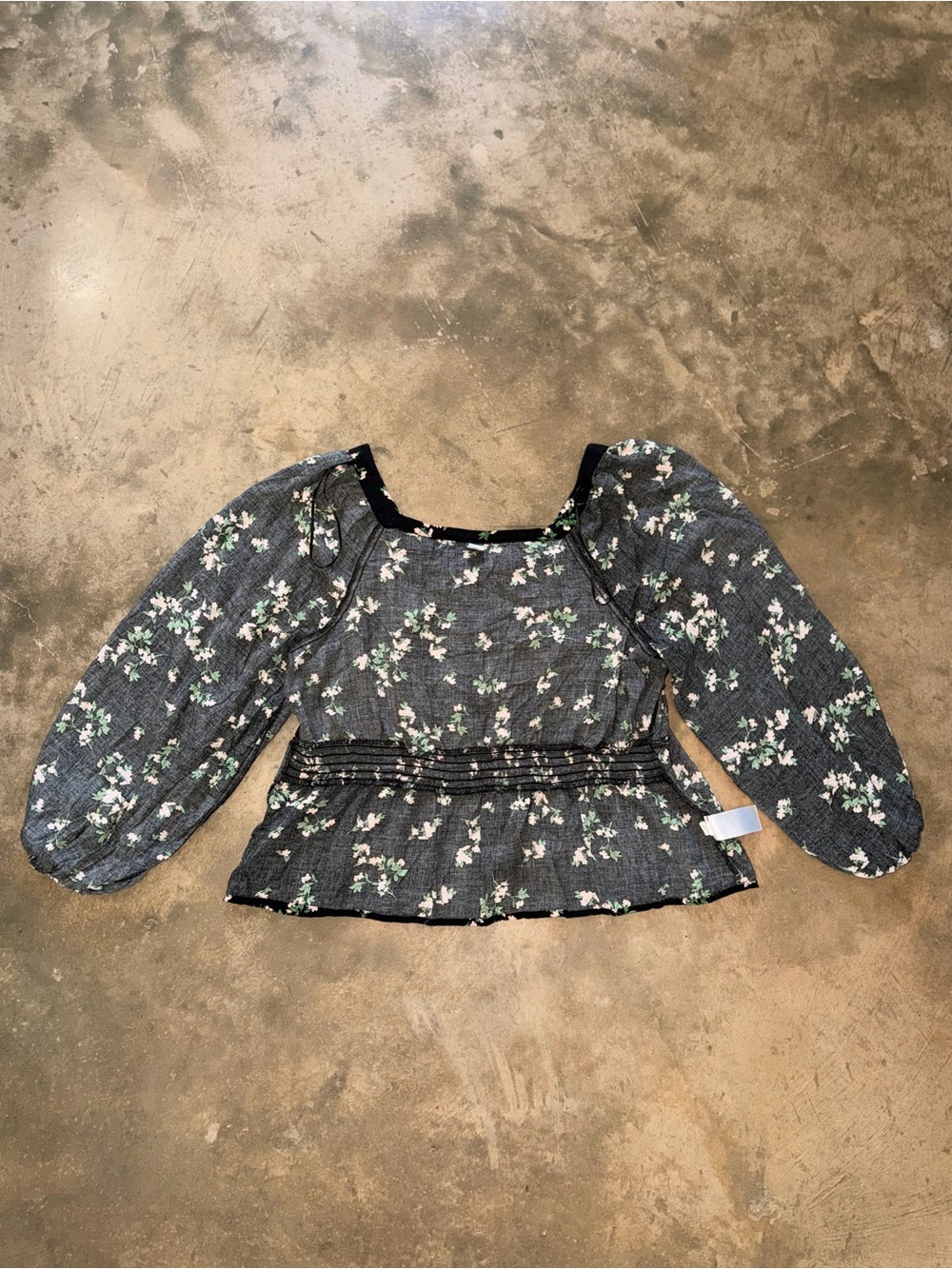 Old Navy XXL Black Floral Peplum Blouse Square Neck Balloon Sleeve Cottage - Picture 11 of 14